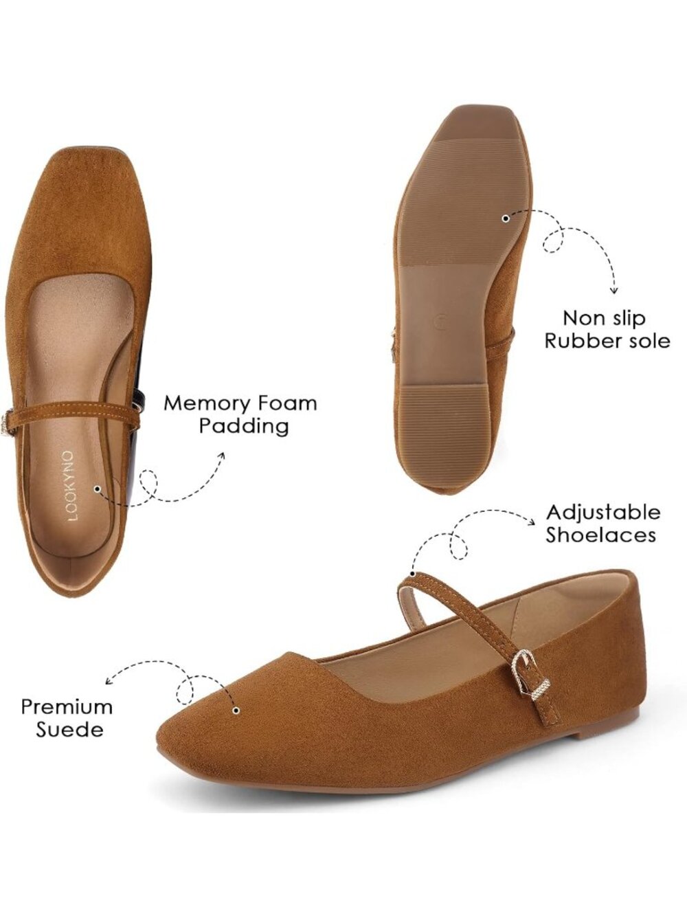 Women's Brown Suede Leather Adjustable Strap Mary Jane Closed Toe Flats Shoes - Picture 4 of 7